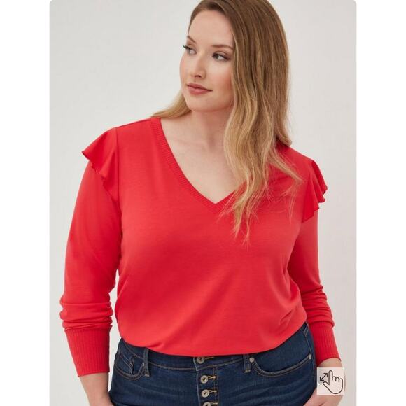 Torrid Lightweight French Terry V-Neck Ruffle Shoulder Sweater Size Large (00) - Picture 4 of 10